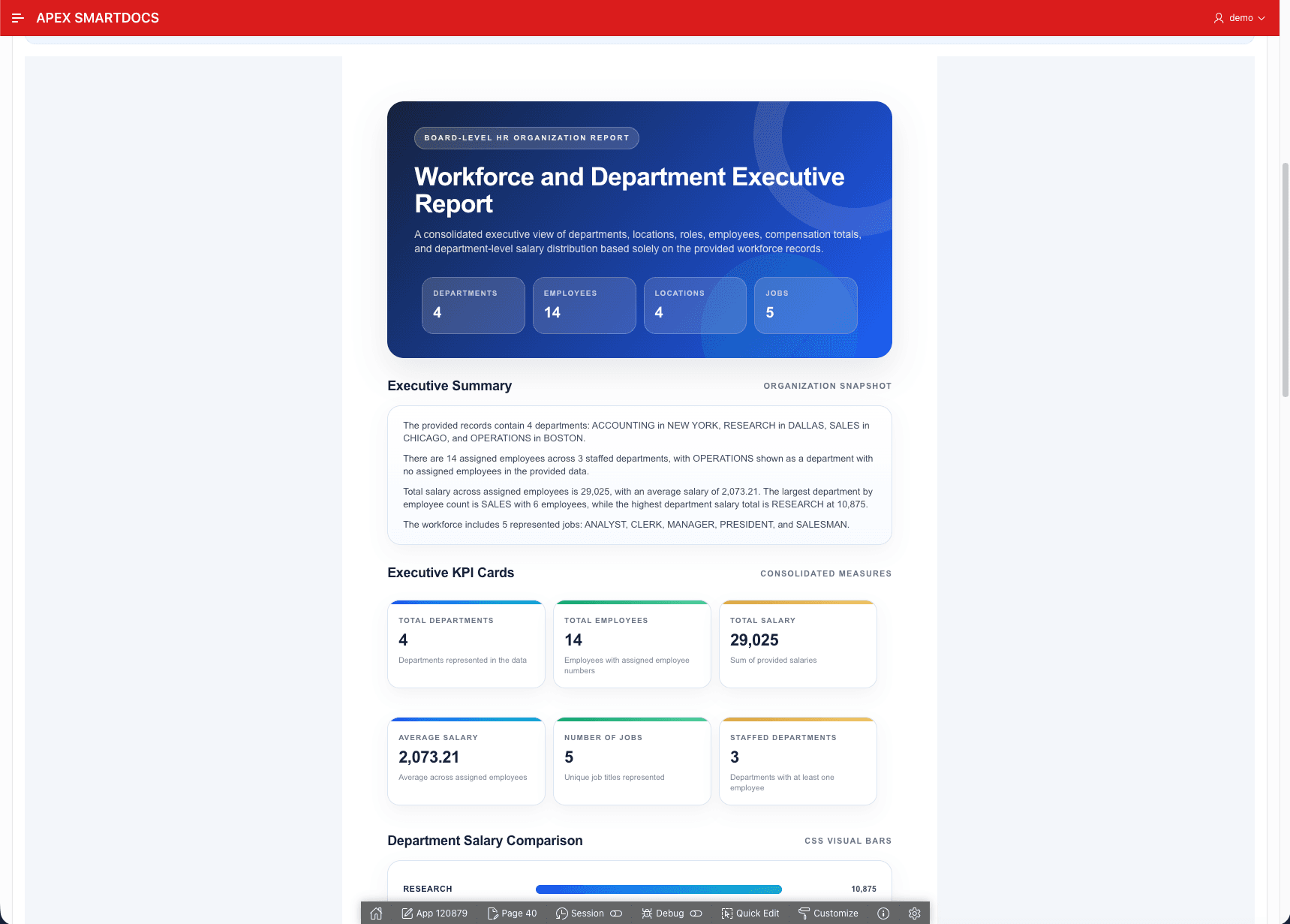 AI-designed Oracle APEX PDF report result preview - first page