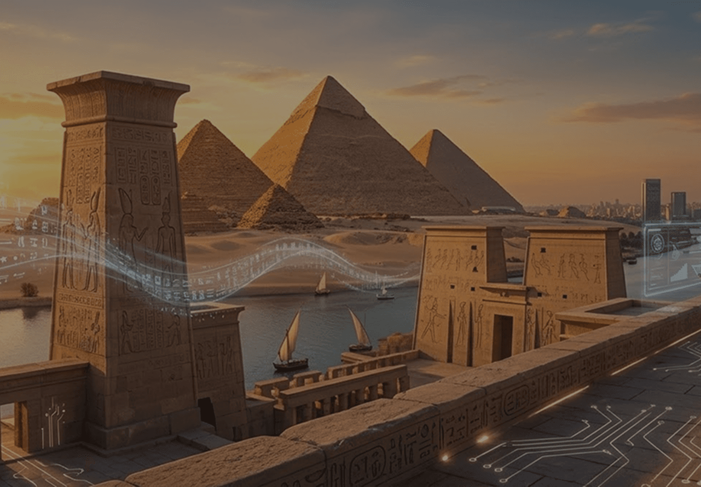 Ancient Egyptian monuments framing a desert landscape